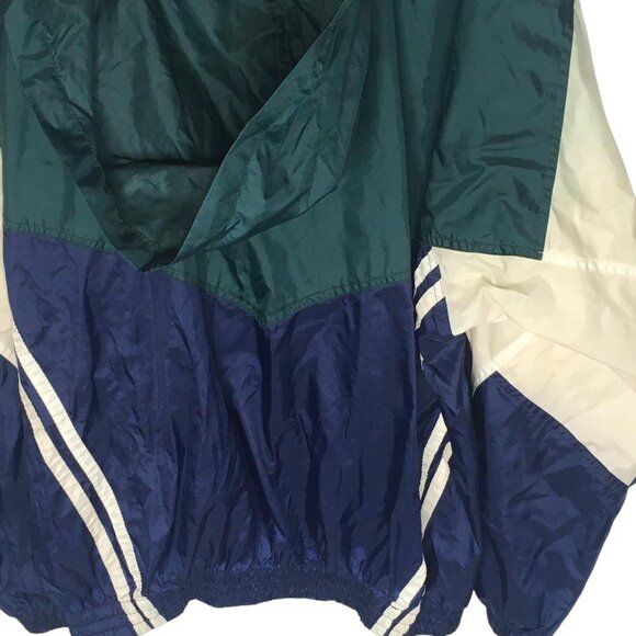 Bike Athletic Jacket Mens Large Green Navy Colorblock Windbreaker Stowaway Hood - Picture 13 of 15